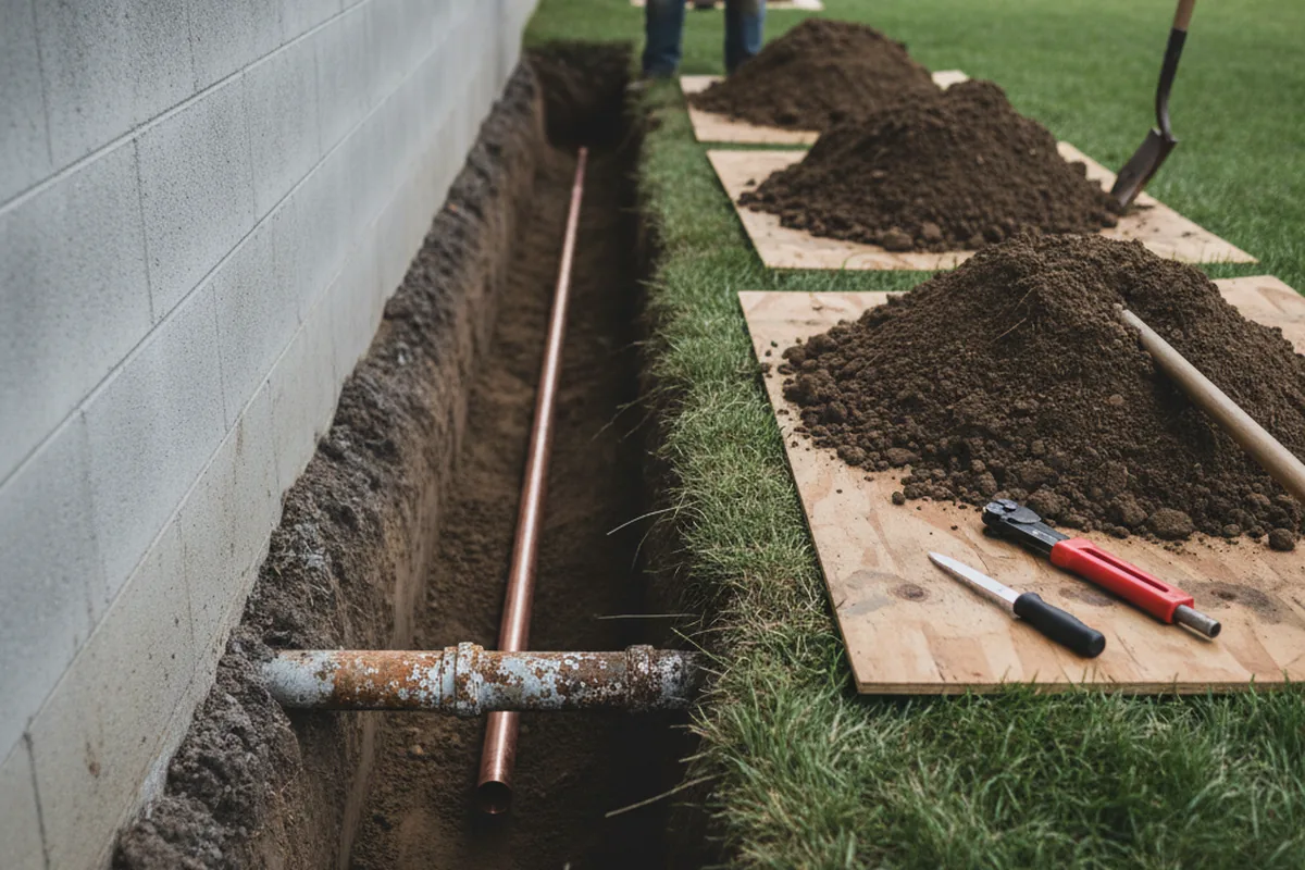 Excavated water line trench during Water Heater Repair in Bonlee